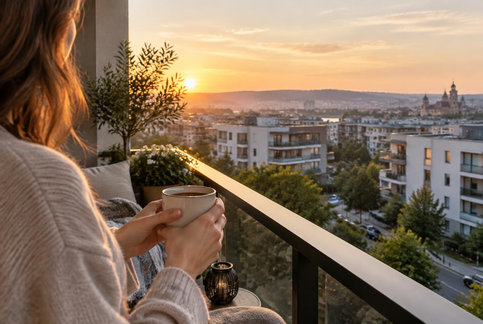 Cafeaua de dimineață pe balconul noii case